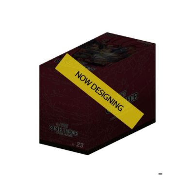 Caixa bordô de produto com texto NOW DESIGNING e ONE PIECE número 23