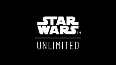 Logotipo branco STAR WARS e texto UNLIMITED em fundo preto