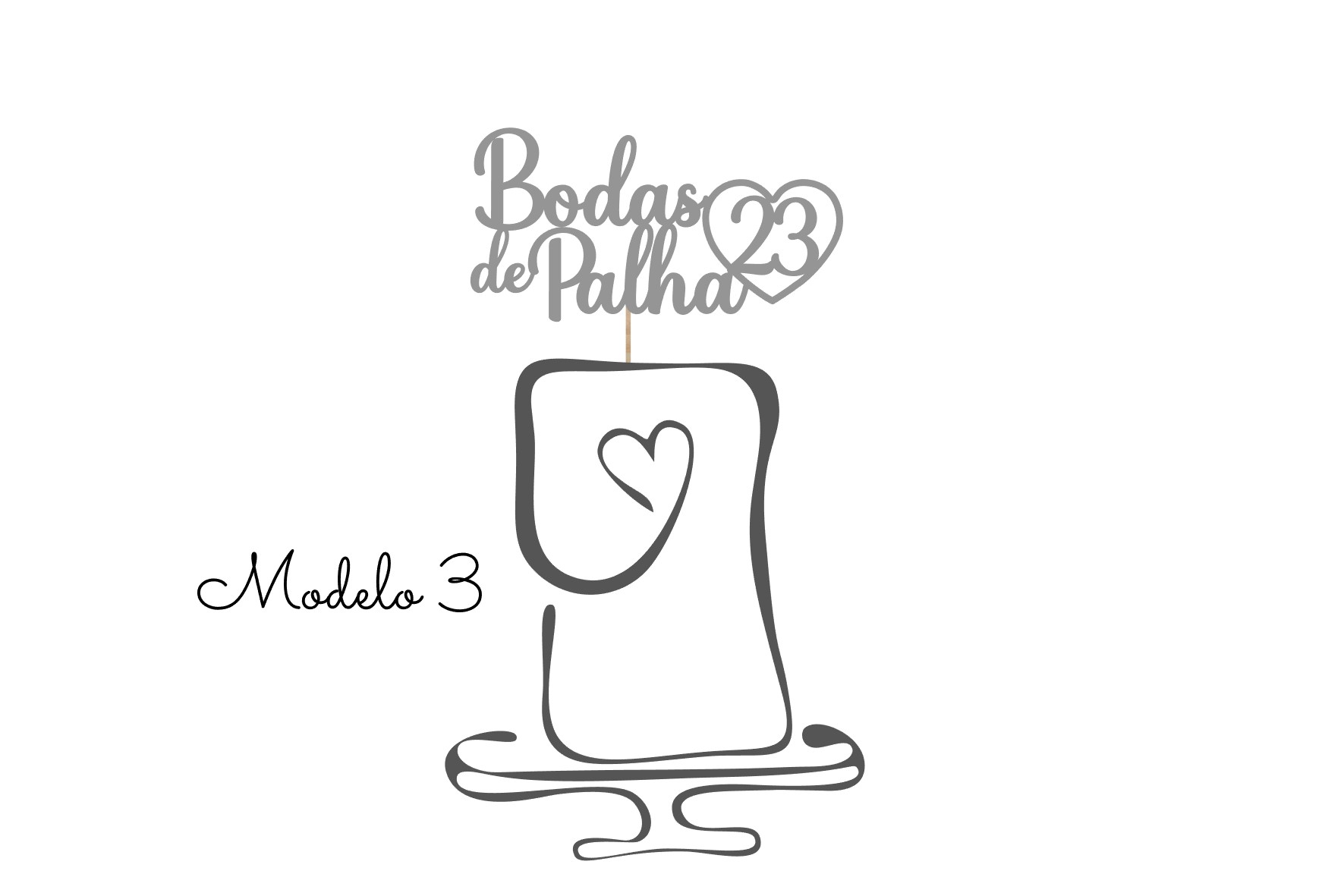 Topo de bolo "Bodas" personalizado Decoração para bolo Bodas de Palha 23 em preto e branco com bolo estilizado e texto Modelo 3