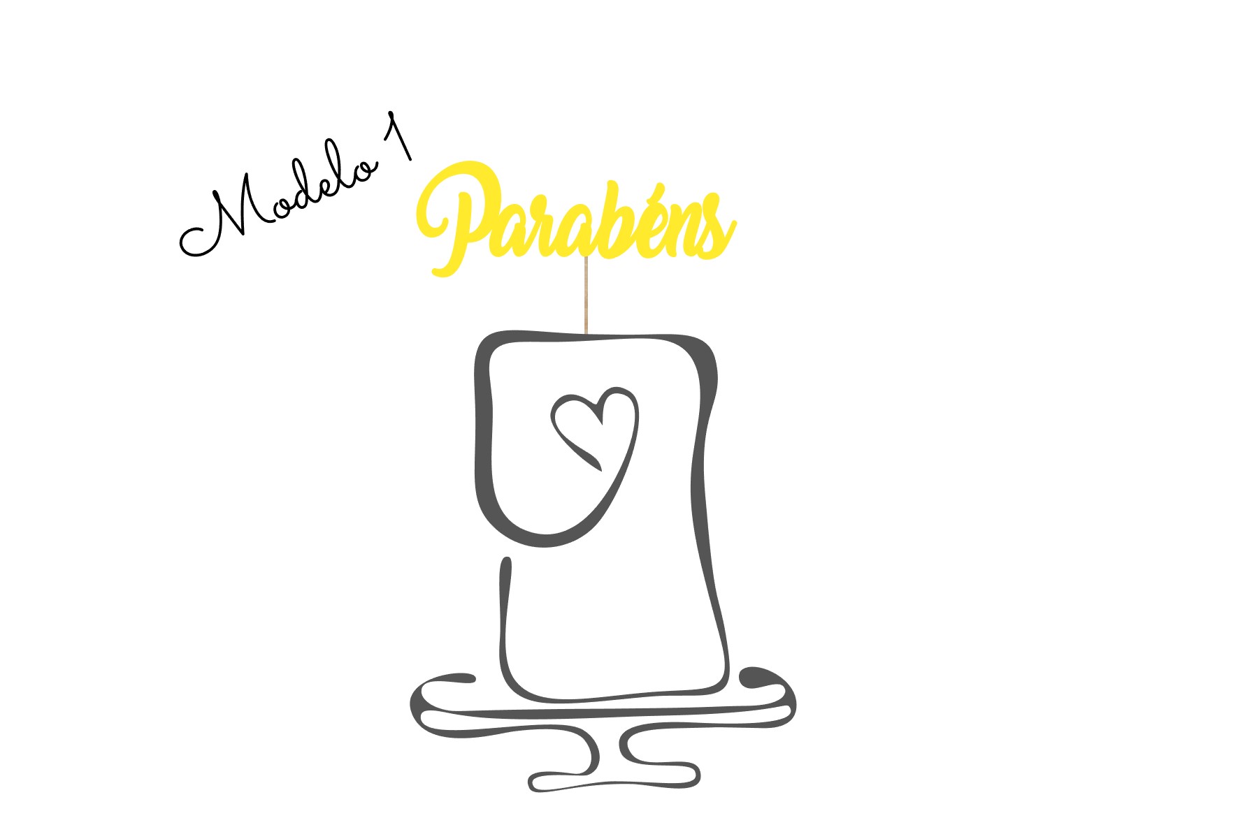 Topo de bolo "Parabéns" Desenho digital com bolo preto, texto 'Modelo 1' e 'Parabéns' amarelo
