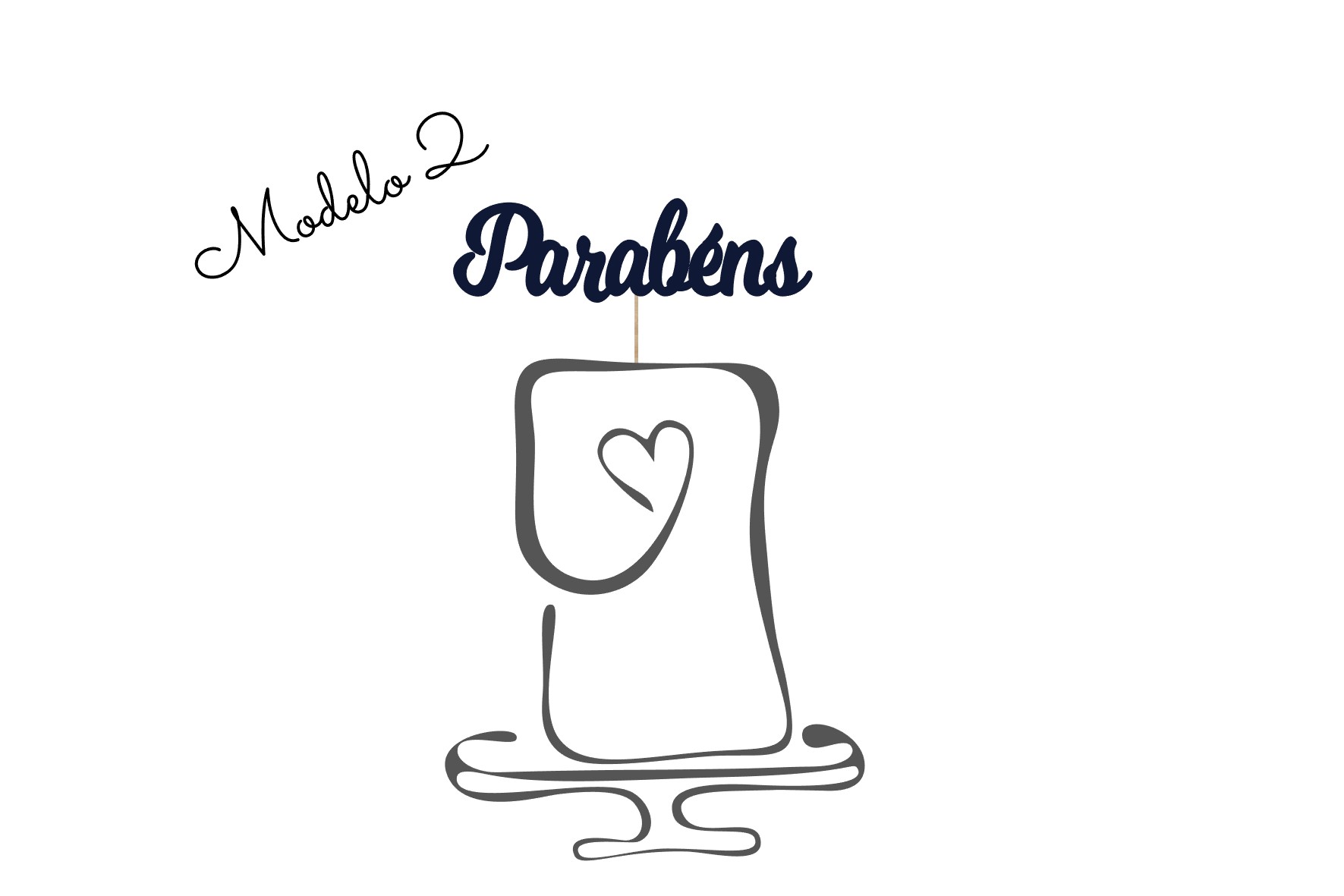 Topo de bolo "Parabéns" Ilustração simples de um bolo com coração e texto 'Parabéns' e 'Modelo 2'.