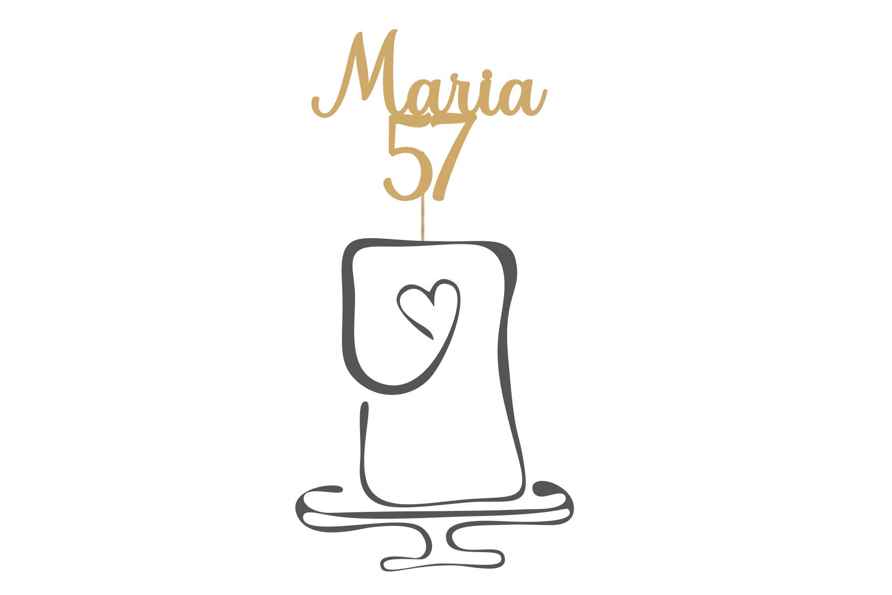 Topo de bolo "Nome + idade" Topo de bolo dourado com nome Maria e número 57 sobre base branca com desenho preto