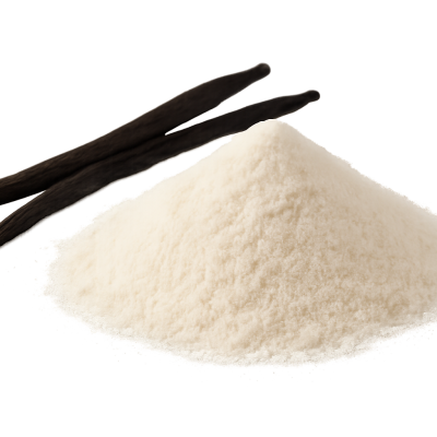 Vagens de baunilha ao lado de um monte de pó branco em fundo neutro