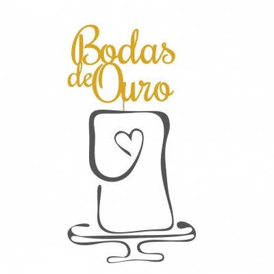 Ilustração minimalista com texto 'Bodas de Ouro' e figuras humanas em abraço.