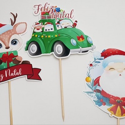 Enfeites de Natal com rena, carro e Pai Natal em palitos
