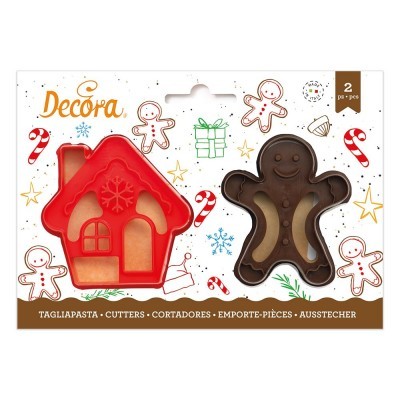Conjunto de cortadores de biscoitos em forma de casinha vermelha e boneco de gengibre castanho em embalagem decorada com motivos de Natal