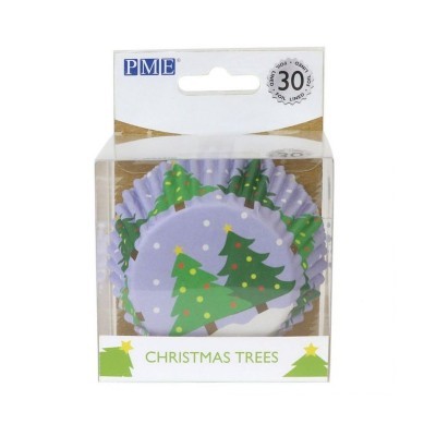 Pacote transparente com 30 forminhas para cupcakes com design de árvores de Natal em fundo lilás.