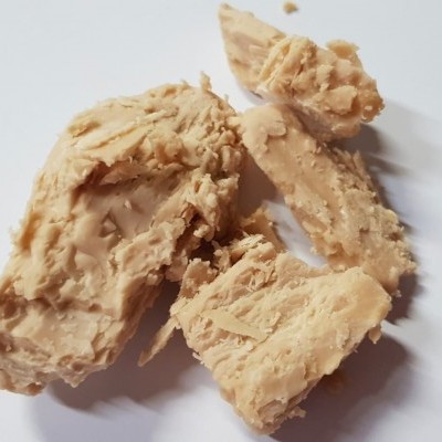 Pedaços irregulares de material bege claro com textura rugosa sobre fundo branco