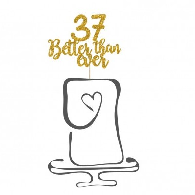 Topo de bolo dourado com texto '37 Better than ever'
