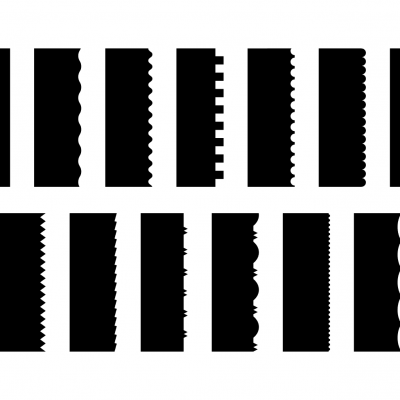 Doze barras pretas com diversas bordas cortadas em padrões diferentes dispostas em duas filas.