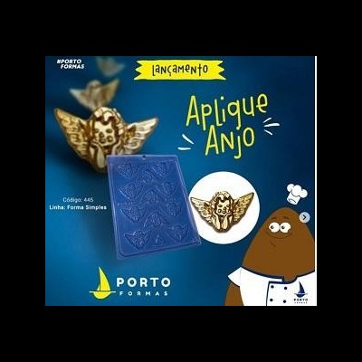 Molde azul de silicone e aplique dourado em forma de anjo com texto de lançamento.