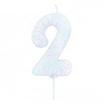vela de aniversário número 2 branca com pontinhos coloridos
