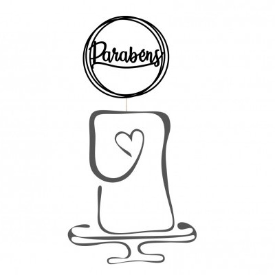 Desenho minimalista de vela com coração e balão com palavra Parabéns