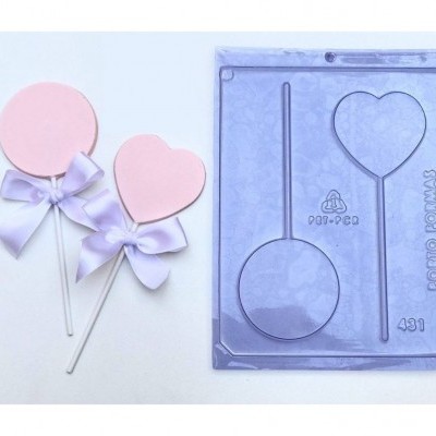 Molde plástico para balões com duas peças de isopor cor-de-rosa e fitas lilases