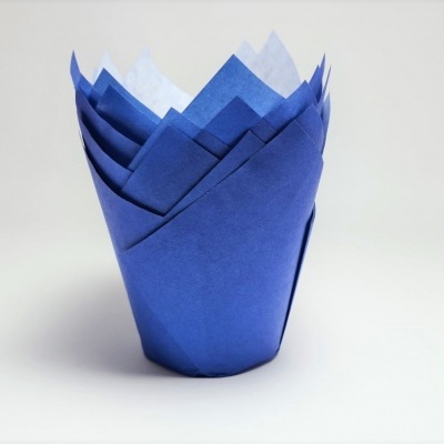 Guardanapos azuis e brancos dobrados em forma de pétalas