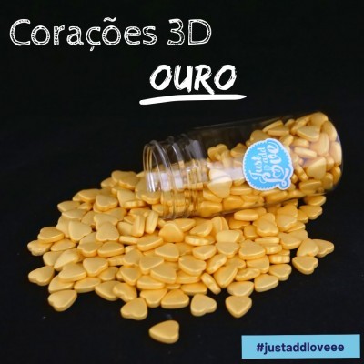 Frasco aberto com corações 3D dourados sobre fundo preto