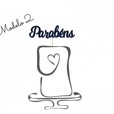 Ilustração simples de um bolo com coração e texto 'Parabéns' e 'Modelo 2'.