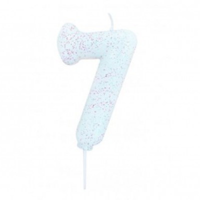 Vela número 7 branca com glitter rosa para bolo