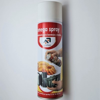 Lata de spray Omega spray para bandejas e moldes com tampa branca e rótulo colorido