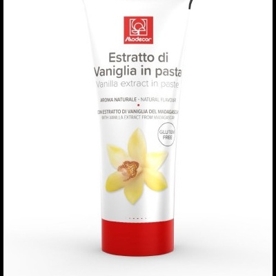 Tubo de pasta extrato de baunilha Modecor branco e vermelho com flor de baunilha