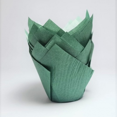 Forma de papel verde para bolos em fundo branco