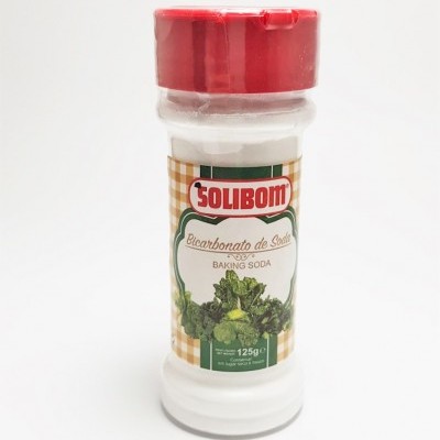 Frasco de bicarbonato de sódio SOLIBOM com tampa vermelha e rótulo xadrez amarelo