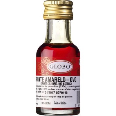 frasco de vidro com tampa dourada e rótulo vermelho e branco de corante amarelo-ovo