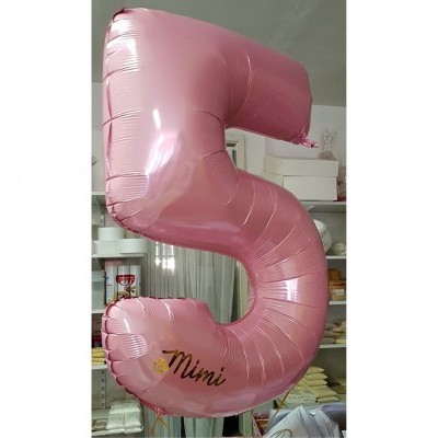 Balão número 5 cor-de-rosa metálico com palavra Mimi em dourado