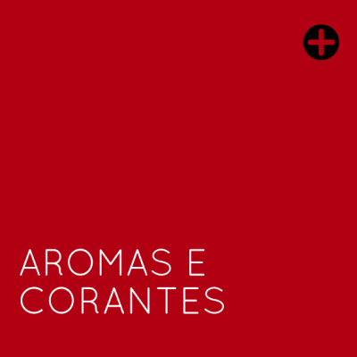 Fundo vermelho com texto AROMAS E CORANTES e círculo preto com símbolo de mais vermelho