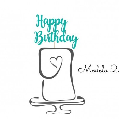 Desenho de bolo branco com coração e topper 'Happy Birthday', texto 'Modelo 2'