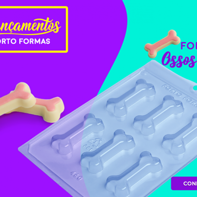 Forma azul para ossos de silicone com ossos creme e rosa ao lado e texto promocional