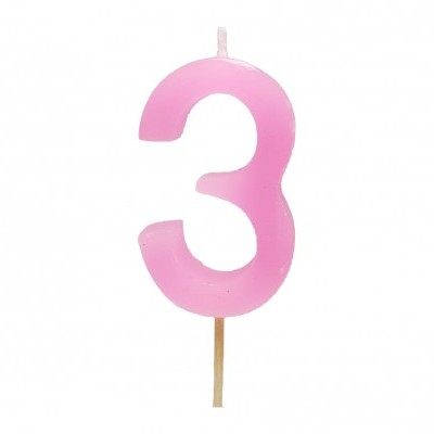 Vela número 3 rosa com suporte de madeira