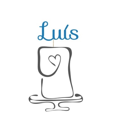 Desenho minimalista de uma vela com um coração e o nome Luís em azul