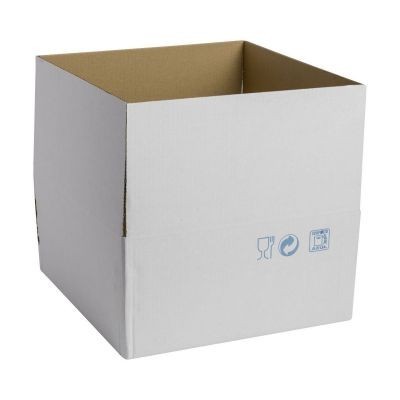 Caixa de cartão branca e castanha aberta com símbolos azuis