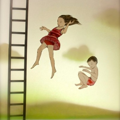 Ilustração de crianças a saltar ao lado de uma escada preta