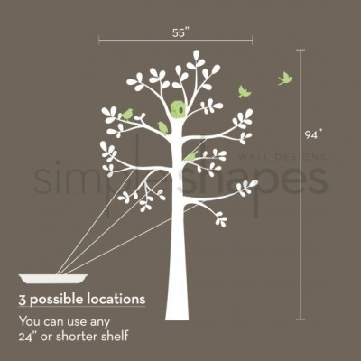 Design de árvore branca com pássaros verdes e texto explicativo sobre localização de prateleiras.