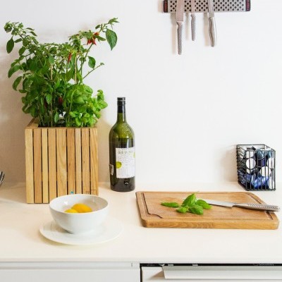 Bancada de cozinha branca com plantas, garrafa de vinho, tábua com faca e suporte magnético de facas na parede