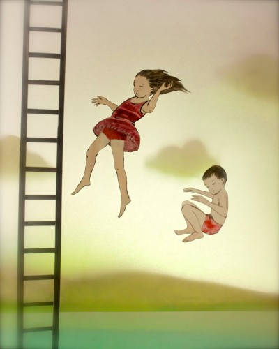 Ilustração de crianças a saltar ao lado de uma escada preta