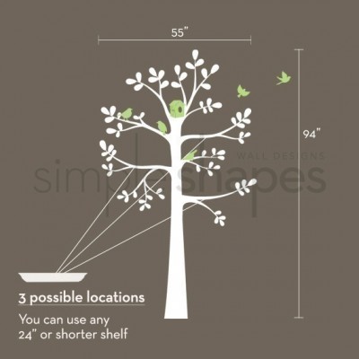 Design de árvore branca com pássaros verdes e texto explicativo sobre localização de prateleiras.