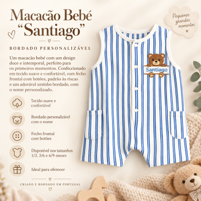 Macacão bebé às riscas azuis e brancas com ursinho bordado e nome personalizado