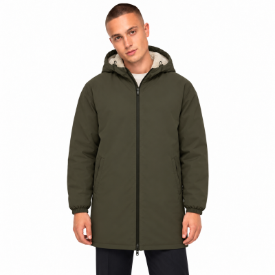Casaco masculino verde escuro com capuz e fecho de correr