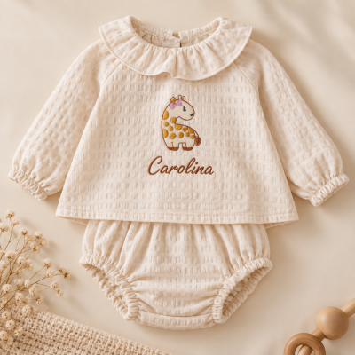 Conjunto creme de bebé com bordado girafa e nome Carolina