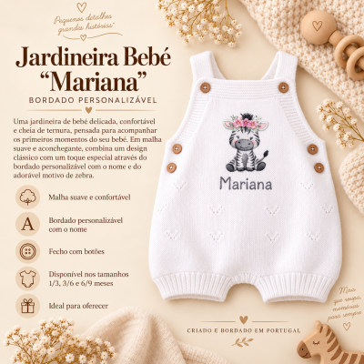 Jardineira bebé branca com bordado de zebra e nome Mariana