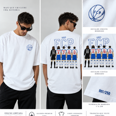 T-shirt branca com bordado e ilustração de jogadores nas costas, edição limitada 001 a 250.