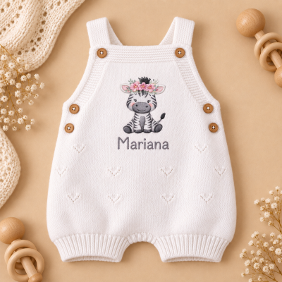 Jardineira branca de malha para bebé com desenhos e o nome Mariana.