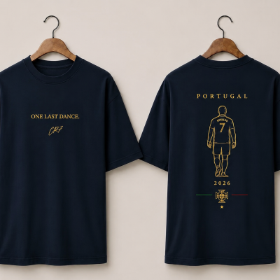 Camiseta preta com texto e imagem relacionada a Cristiano Ronaldo e Portugal