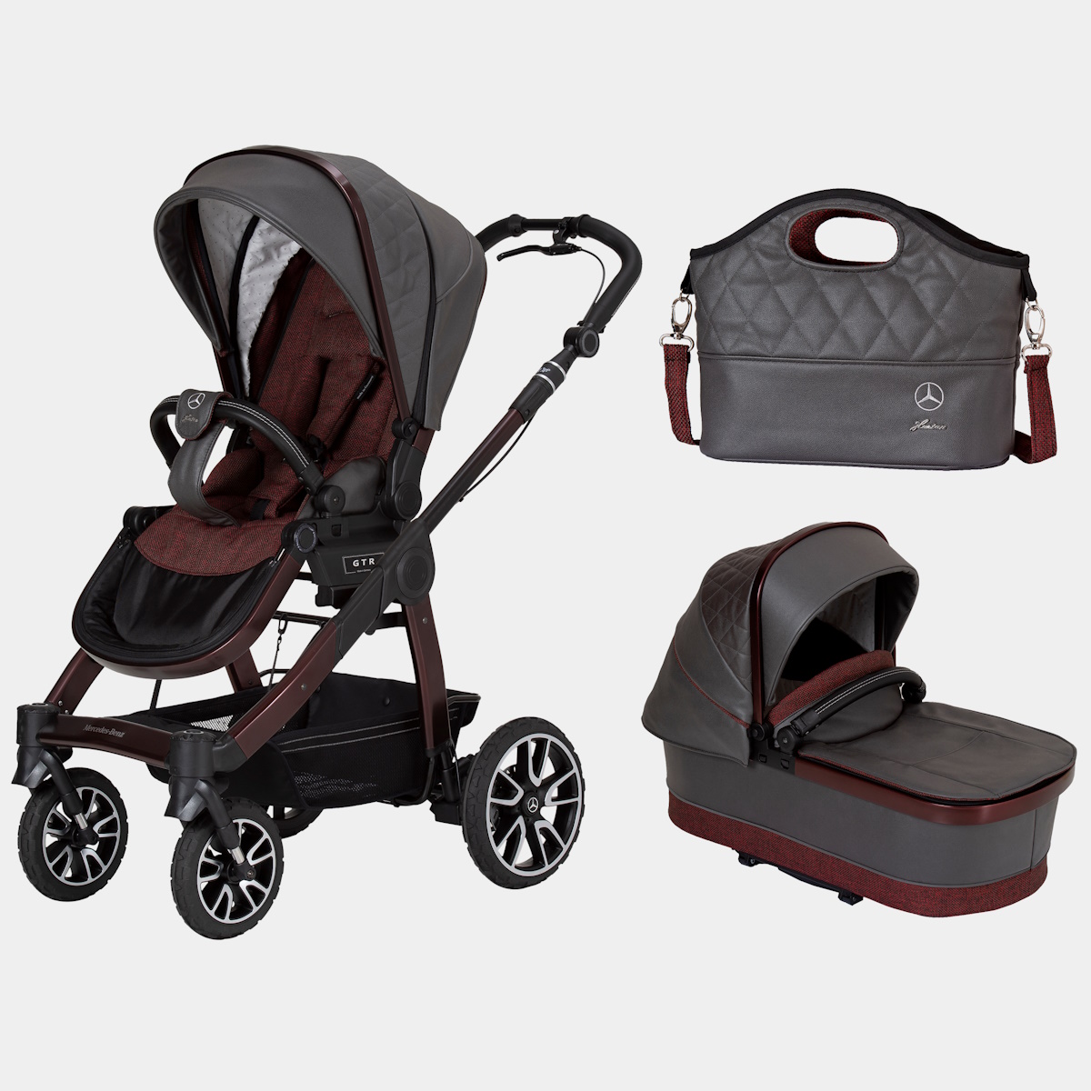 Conjunto passeio Mercedes-Benz All-Terrain GTR Travel System Carrinho de bebé cinza e bordeaux com saco de transporte e alcofa