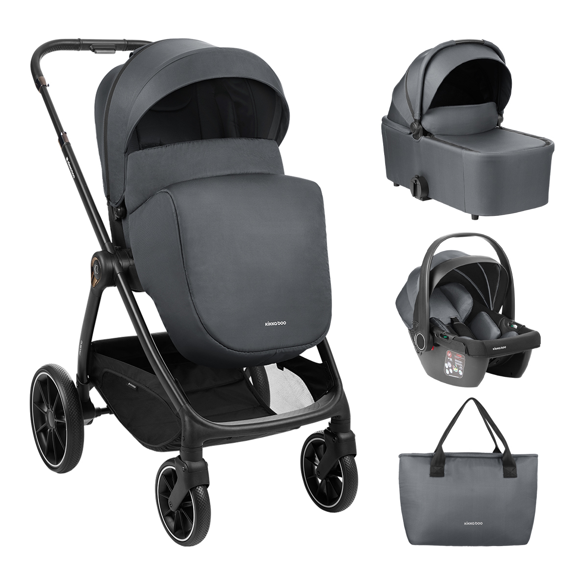 Trio Kikkaboo Modena Travel System Conjunto carrinho de bebé cinzento com capazo, cadeira auto e bolsa