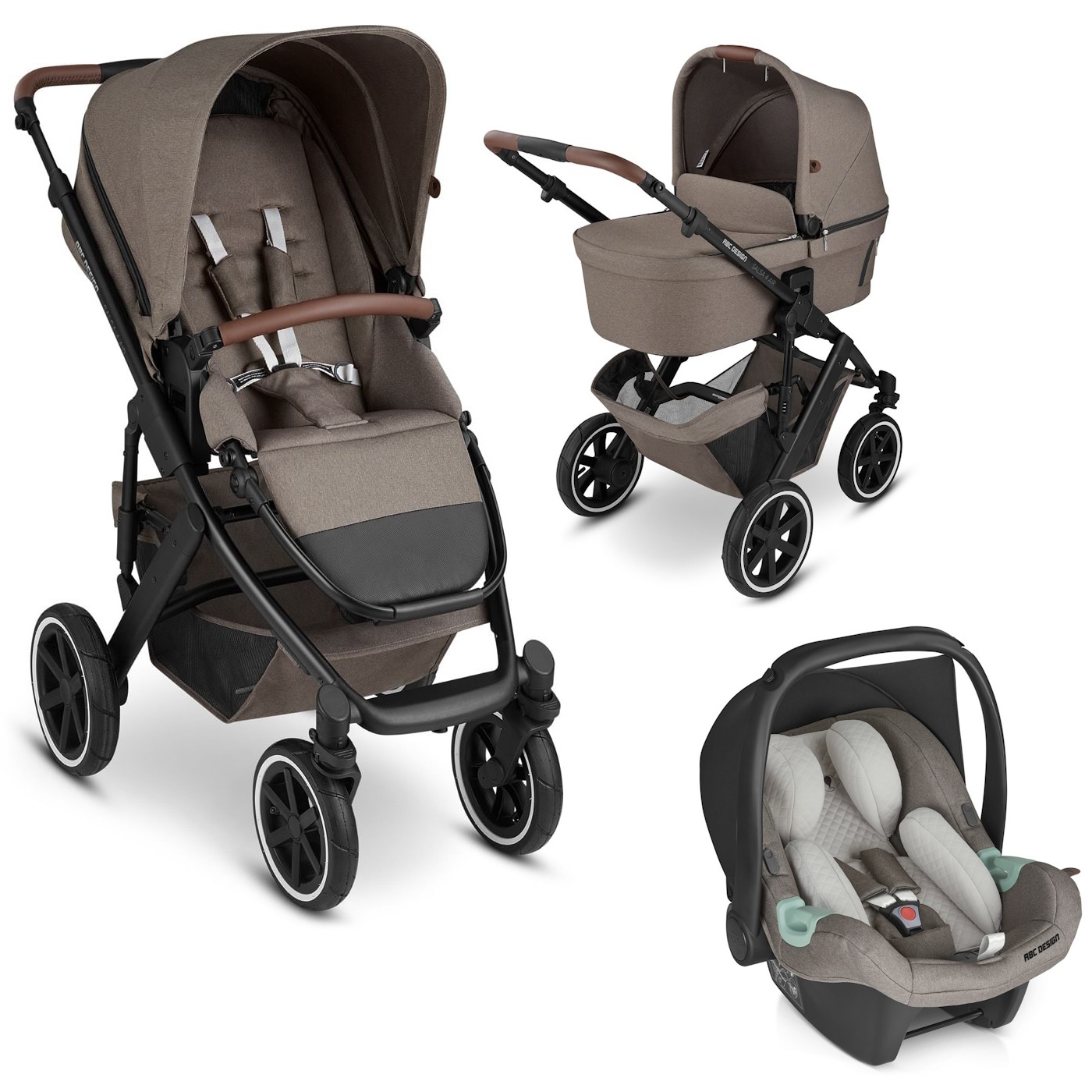 Trio passeio ABC Desig Salsa 4 Air 3-in-1 travel system Conjunto de carrinho de bebé bege castanho com alcofa e cadeira auto cinzenta