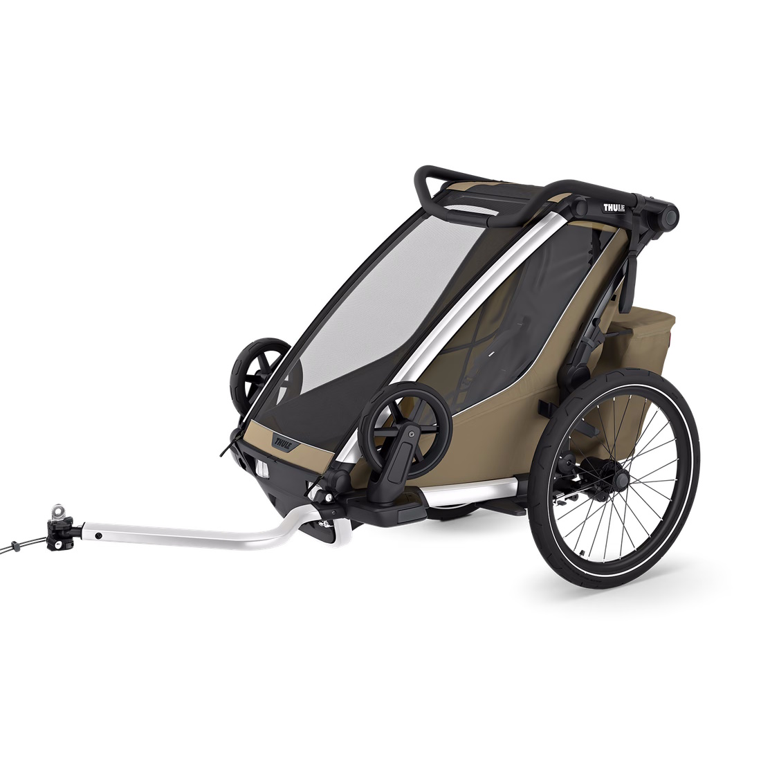 Atrelado multifuncional Thule Chariot Cross Single Carrinho de criança ou atrelado para bicicleta castanho e preto com rodas grandes e estrutura metálica prateada